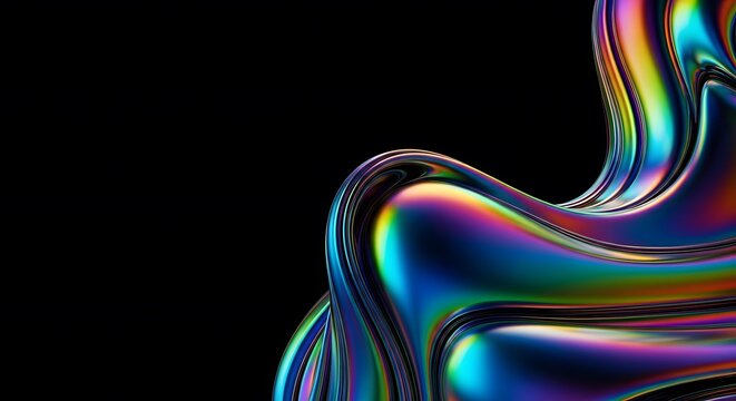 Abstract iridescent fluid wave holographic foil texture flowing shape on black background