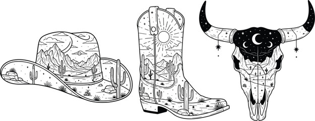 Illustration of cowboy hat, boot and bull skull with desert landscape western line art illustration for print, tattoo or tshirt design