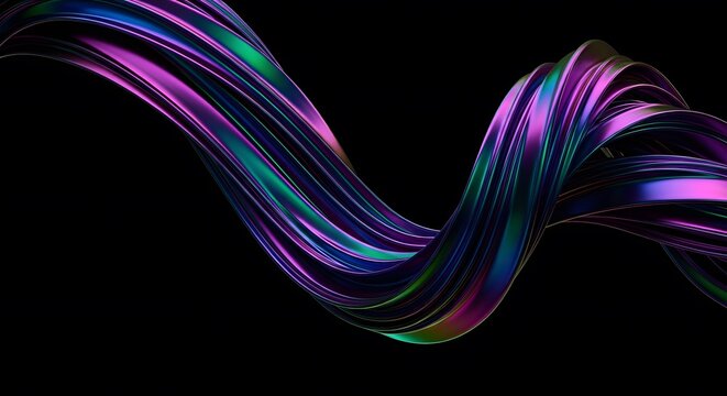 Abstract iridescent wave flowing colorful ribbon on black background modern design element
