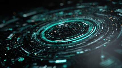 Futuristic circular HUD interface with glowing cyan data visualization on a dark background.
