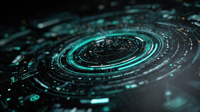 Futuristic circular HUD interface with glowing cyan data visualization on a dark background.