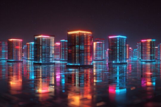 Futuristic Cityscape with Glowing Buildings and Reflections