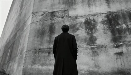 Man in coat stands before cracked weathered concrete wall in monochrome