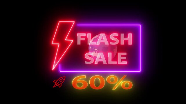 Glowing neon line of FLASH SALE 60% sign banner for promo video. Neon Flash sale poster, sale banner design template Flash Sale promotional labels templates set on background..