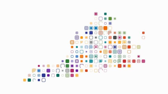 Virginia animated shape. Pulsating colored dots on the map of the state. Large size rounded square blocks. Digital style Virginia map on white background. Stylish animation video.