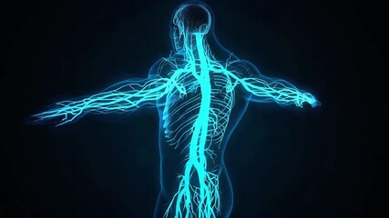 Highlighted visualization of human body and skeleton with glowing nerve endings, neural and energy. Transparent human figure. Medical, anatomical animation - Powered by Adobe