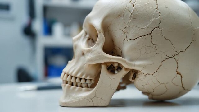Human skull on analysis table in laboratory for medical research and study. Human skull bone - Phrenology, craniometry, neurology