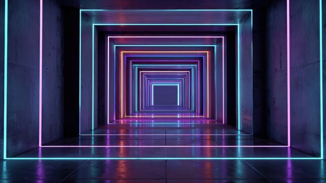 Futuristic concrete tunnel with colorful glowing neon square frames and reflections.