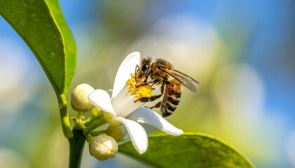 A close-up view features a honeybee diligently collecting pollen from a delicate white flower, with soft bokeh background