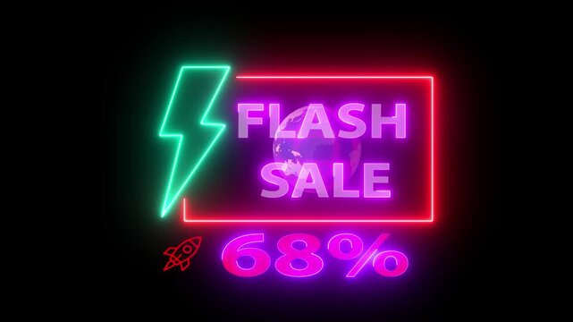 68% neon line of flash sale 68% sign banner for promo video. fluorescent lights, concept  vibrant flickering colors, ideal for stores, bars, concept on background.....