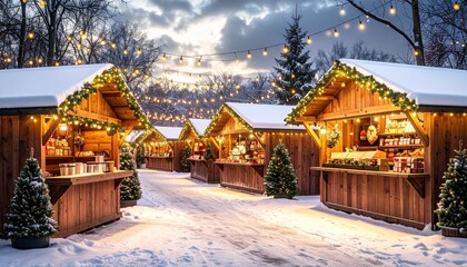 European Christmas Market Background with Wooden Stalls and Snowy Decorations