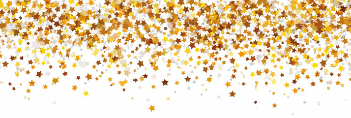 Złoty konfetti w kształcie gwiazdek opada na białym tle, tworząc świąteczną i uroczystą atmosferę.