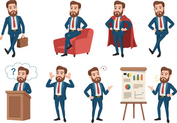 Fototapeta premium Businessman character cartoon set in various poses, emotions, and actions for presentation, leadership, office, and professional concept illustrations