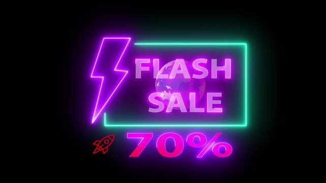 Glowing neon line of FLASH SALE 70% sign banner for promo video. Neon Flash sale poster, sale banner design template Flash Sale promotional labels templates set on background..