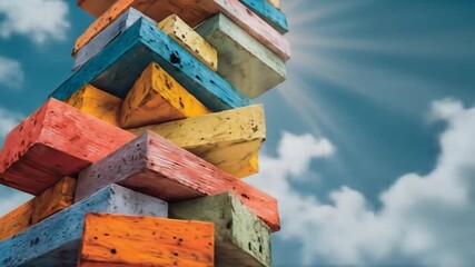 Colorful blocks stacked precariously against a bright, cloudy sky with sun rays