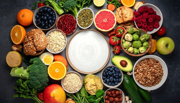 Colorful arrangement of various fresh fruits, vegetables, and grains