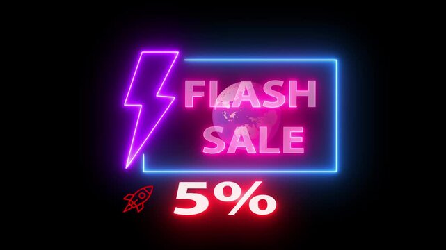 Glowing neon line of FLASH SALE 5% sign banner for promo video. Neon Flash sale poster, sale banner design template Flash Sale promotional labels templates set on background..