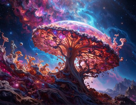 Surreal space tree fantasy scene in vibrant colors and swirling nebulae