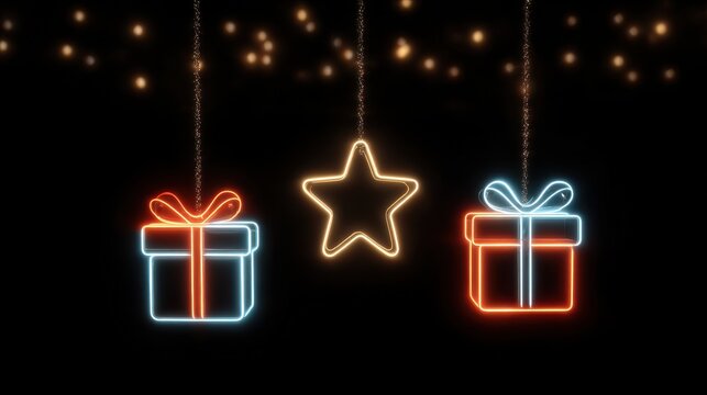 Glowing neon Christmas gifts and star decorations shining brightly during the holiday season