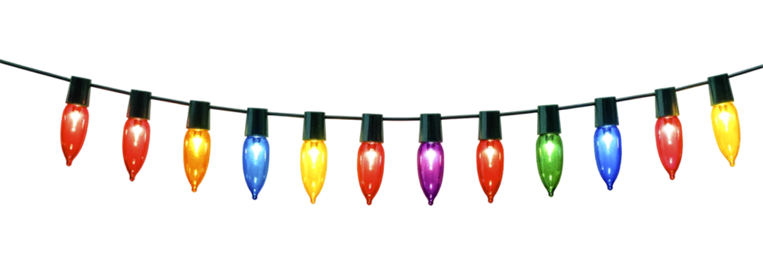 Colorful Christmas lights isolated on transparent background