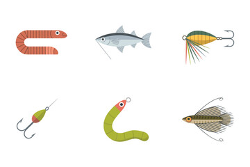 Flat vector icons for fishing, featuring worm, lure, hook, representing bait and tackle equipment for catching fish,