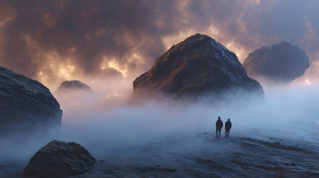 Silhouetted explorers in a misty alien terrain with glowing geological formations under a dramatic sky