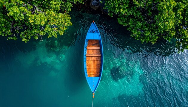 Aerial View Vibrant Blue Boat Anchored in Crystal Clear Tropical Waters.