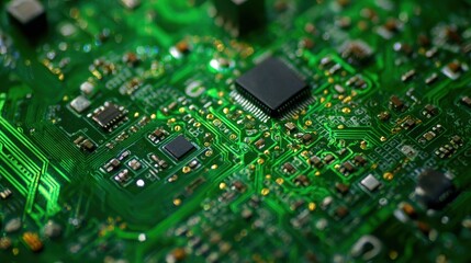 Fototapeta premium Close up view of a green computer circuit board showing components and intricate pathways in a detailed macro shot