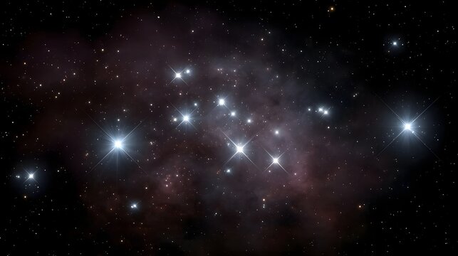 Luminous star cluster with bright twinkling stars and faint nebulae set against a dark cosmic backdrop