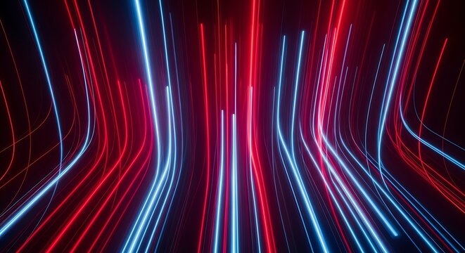 Neon light trails speed through digital space abstract background graphic
