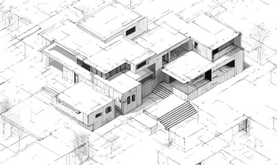 Fototapeta premium Nowoczesny projekt architektoniczny domu jednorodzinnego w stylu modernistycznym, szkic architektoniczny.