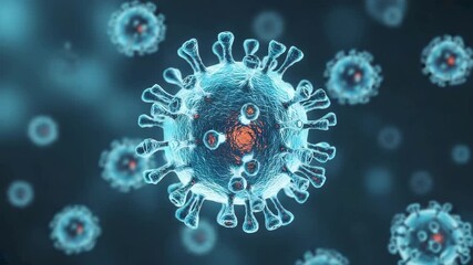 Microscopic view of coronavirus particles floating in a dark blue environment with bright highlights - Powered by Adobe