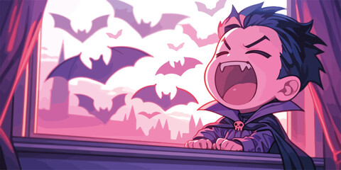 Mały wampir z otwartymi ustami i nietoperzami w tle, patrzący przez okno.