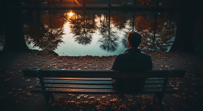 Man on bench views lake reflecting trees and sunset light.
