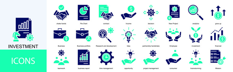 investment icon collection set. Containing contract, Income, decision, New Project, analytics, grow up, Business icon