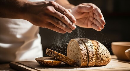 Man sprinkling flour on sliced seeded bread loaf on wooden cutting board