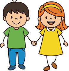 Cartoon boy and girl holding hands, smiling kids illustration, happy children friendship concept, colorful vector for education and design