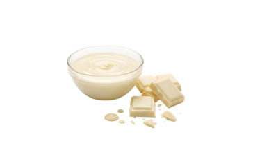 A bowl filled with melted white chocolate and chunks of a chocolate bar, set against a white background

