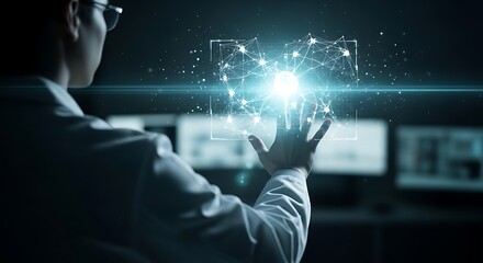 Man touching digital interface with glowing connections and bright light.