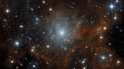 A dense and luminous star cluster is nestled within swirling reddish brown nebulae set against the vastness of deep space