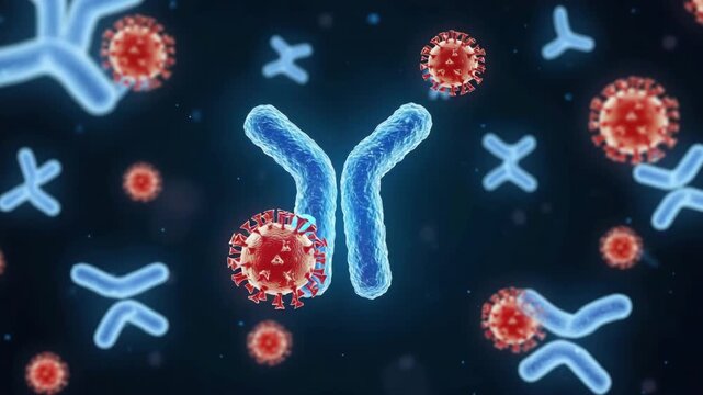 Microscopic view of antibodies attacking viruses in a dark blue background with red virus cells