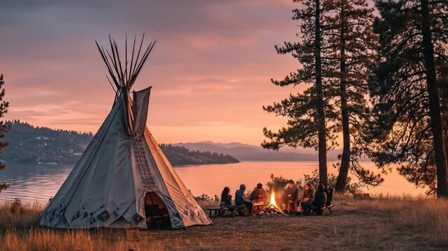 Indigenous dwelling by lake with people around campfire during sunset