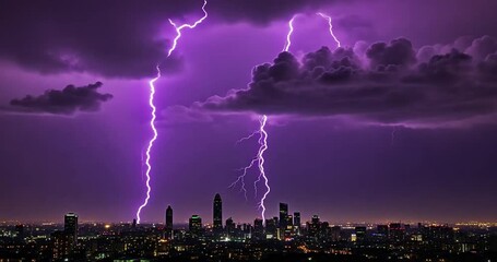 Dramatic lightning storm illuminating a city skyline at night with vibrant purple skies - Powered by Adobe