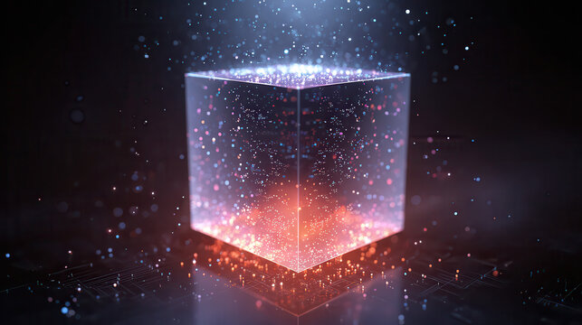 Glowing crystal cube with light rays and particles