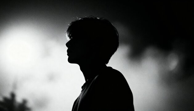Monochrome silhouette of person looking to left against bright background
