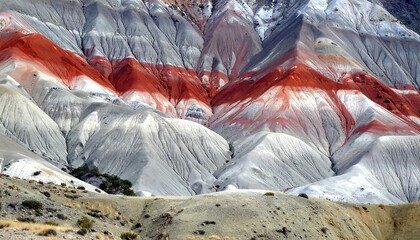 Colorful layers of sedimentary rock formations in mountainous terrain