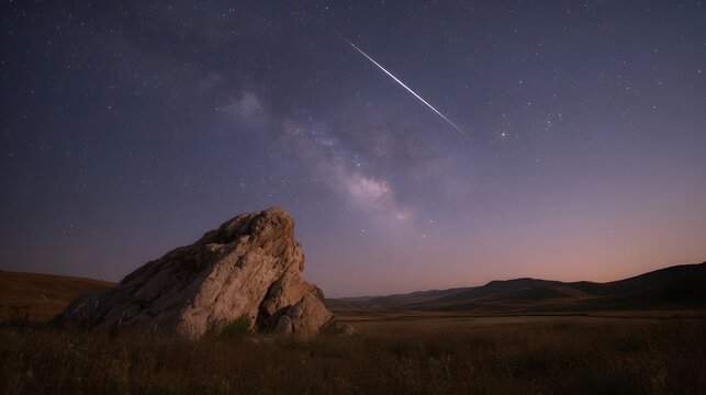 A lone rock formation under the vast night sky featuring the Milky Way and a shooting star - Powered by Adobe