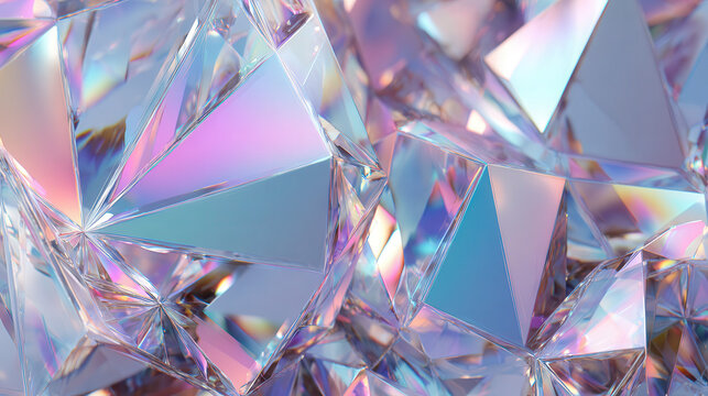 Iridescent geometric shapes reflecting pastel colors