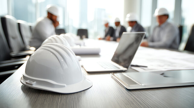 A group of professionals in hard hats collaborates in a conference room with plans and technology. - Powered by Adobe