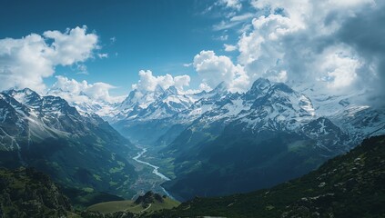 Mountain range scenic landscape valley snow capped peaks